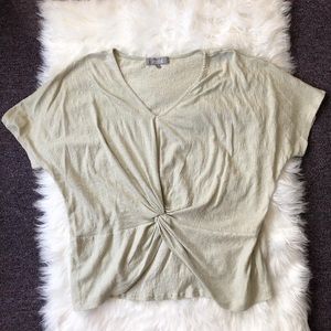 Twisted hem knit fall top tan neutral short sleeve